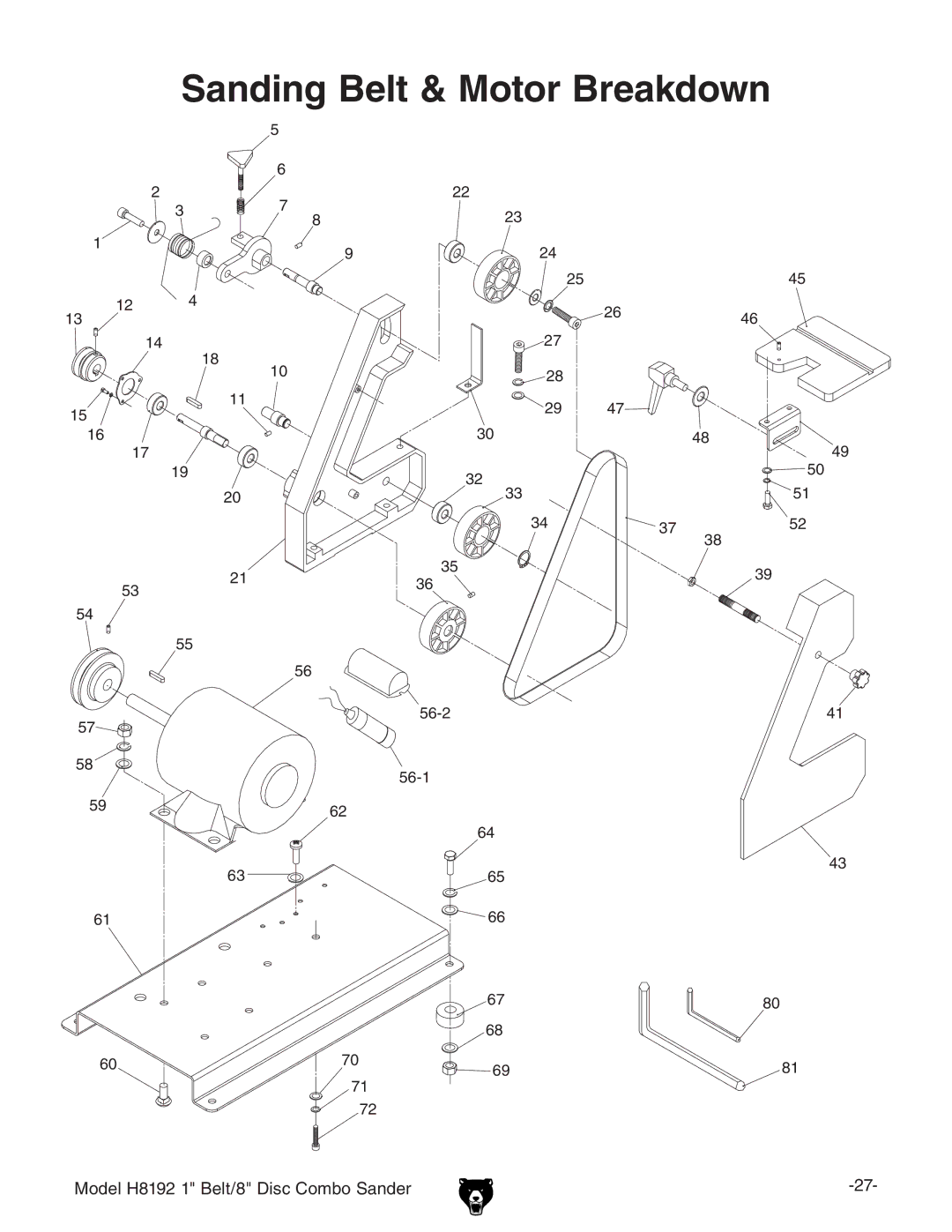 Grizzly H8192 owner manual Sanding Belt & Motor Breakdown 