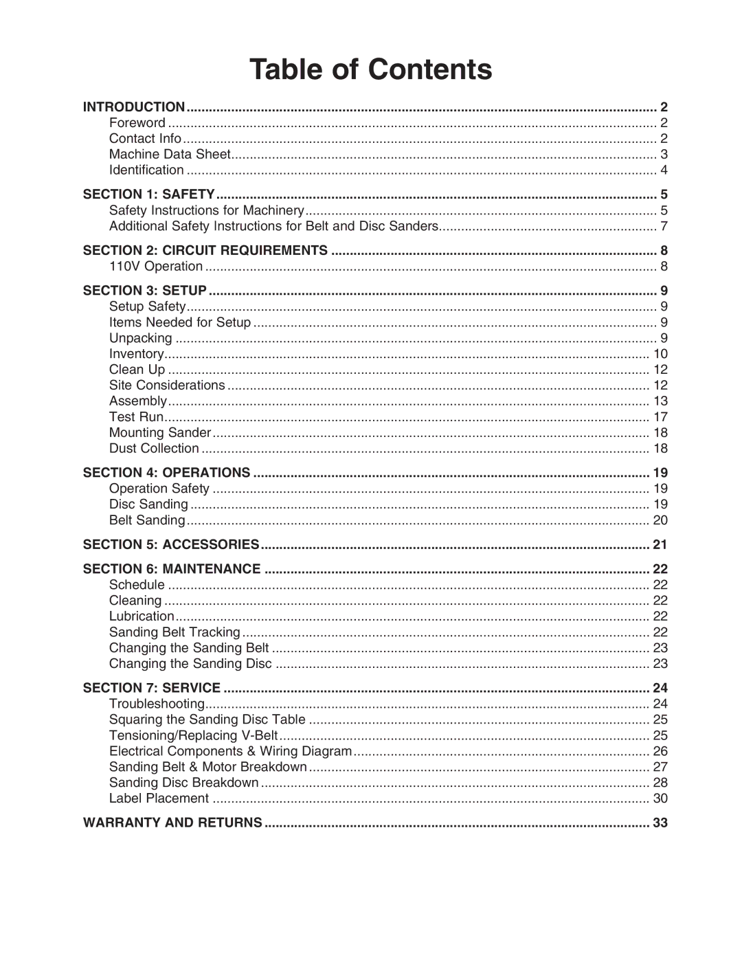 Grizzly H8192 owner manual Table of Contents 