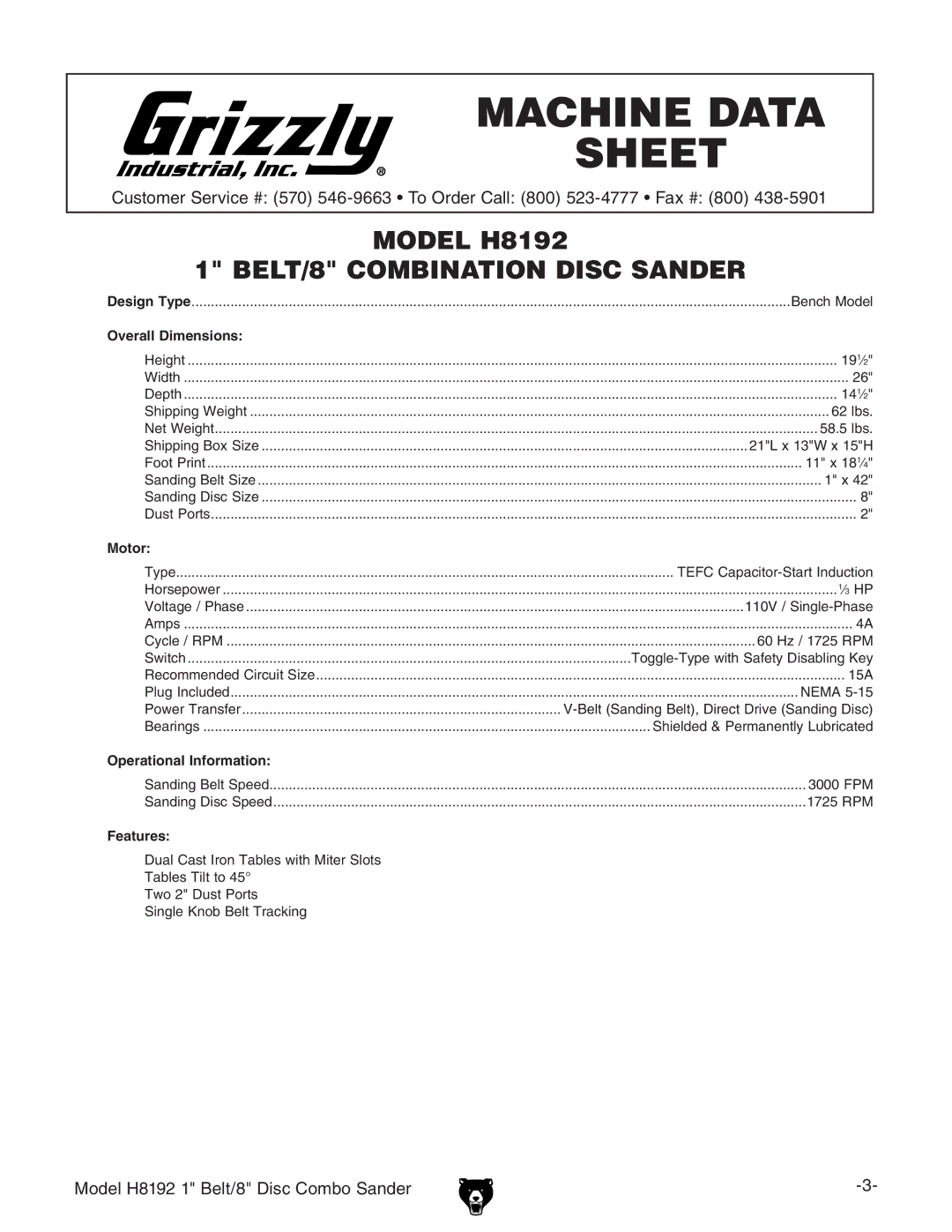 Grizzly H8192 owner manual Machine Data Sheet 