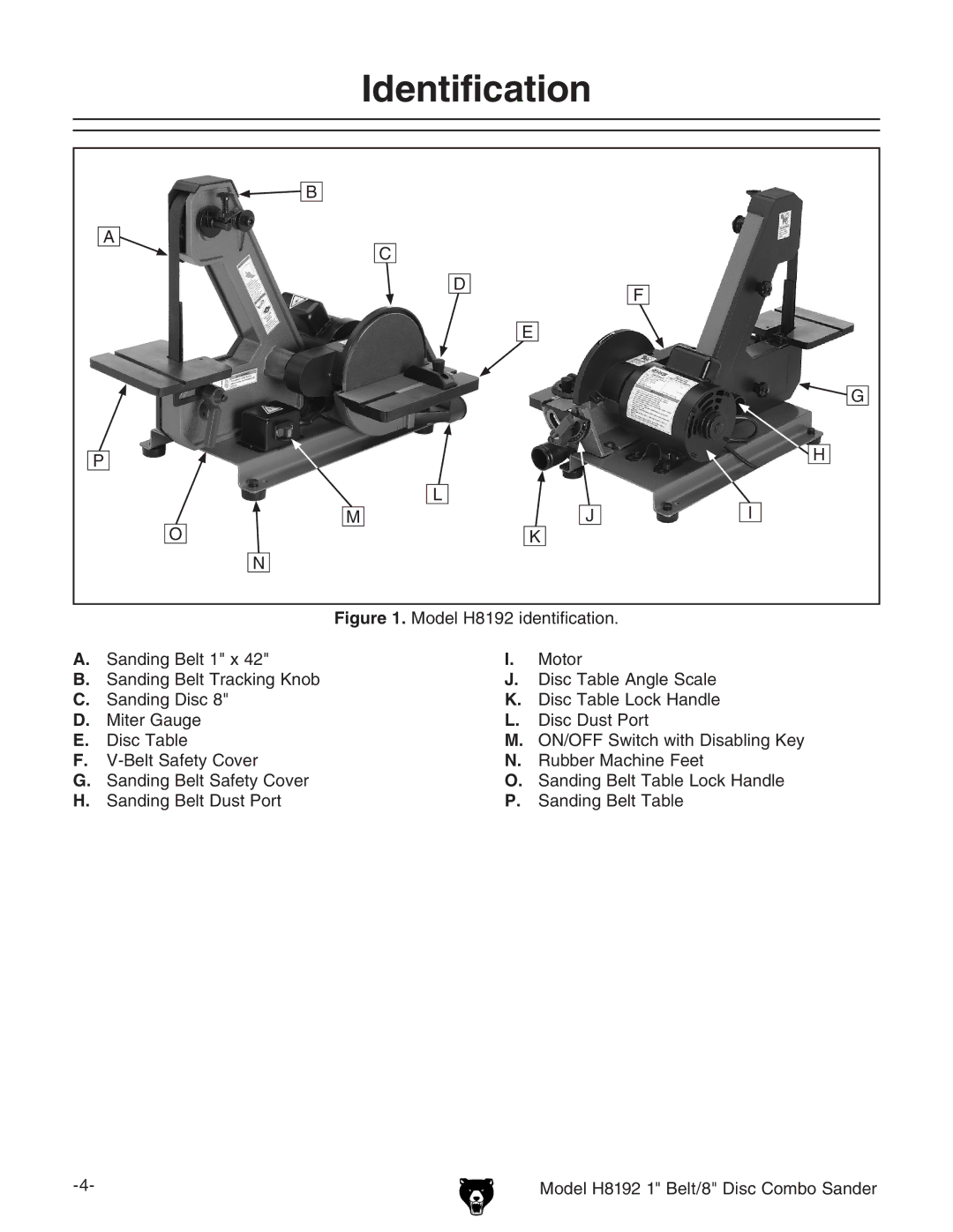 Grizzly owner manual Identification, Model H8192 identification 