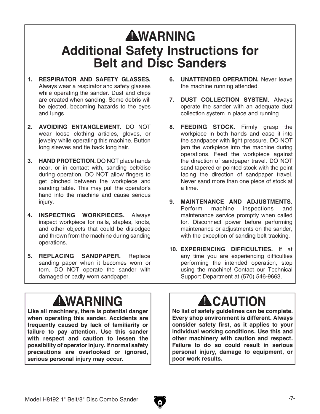 Grizzly H8192 owner manual Additional Safety Instructions for Belt and Disc Sanders 