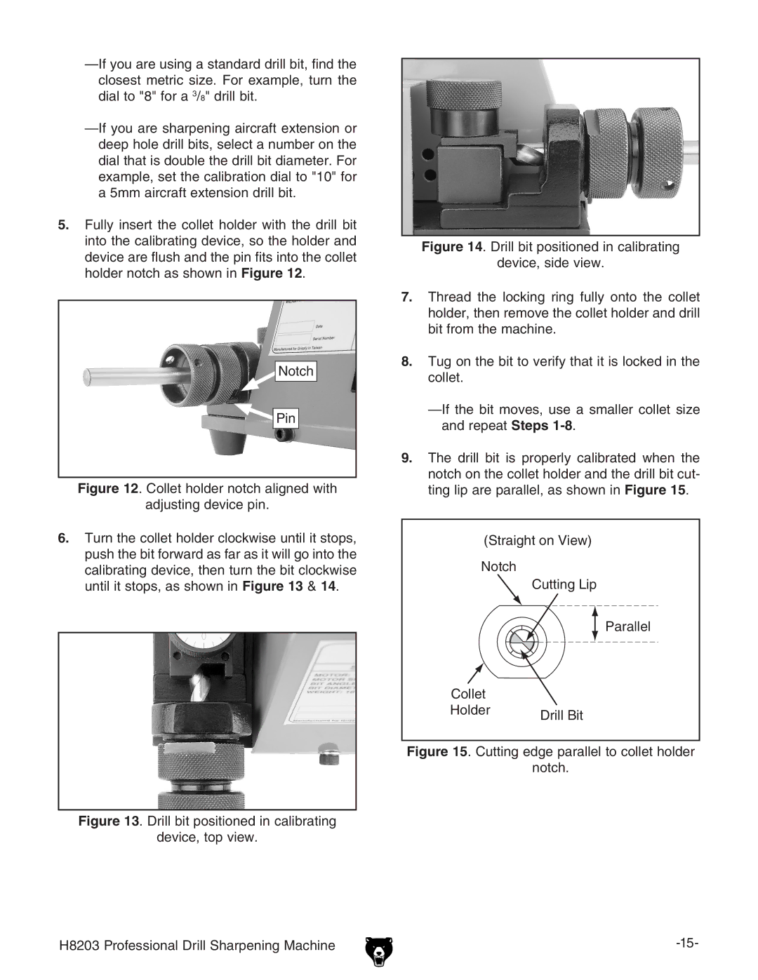 Grizzly H8203 owner manual Cutting edge parallel to collet holder Notch 