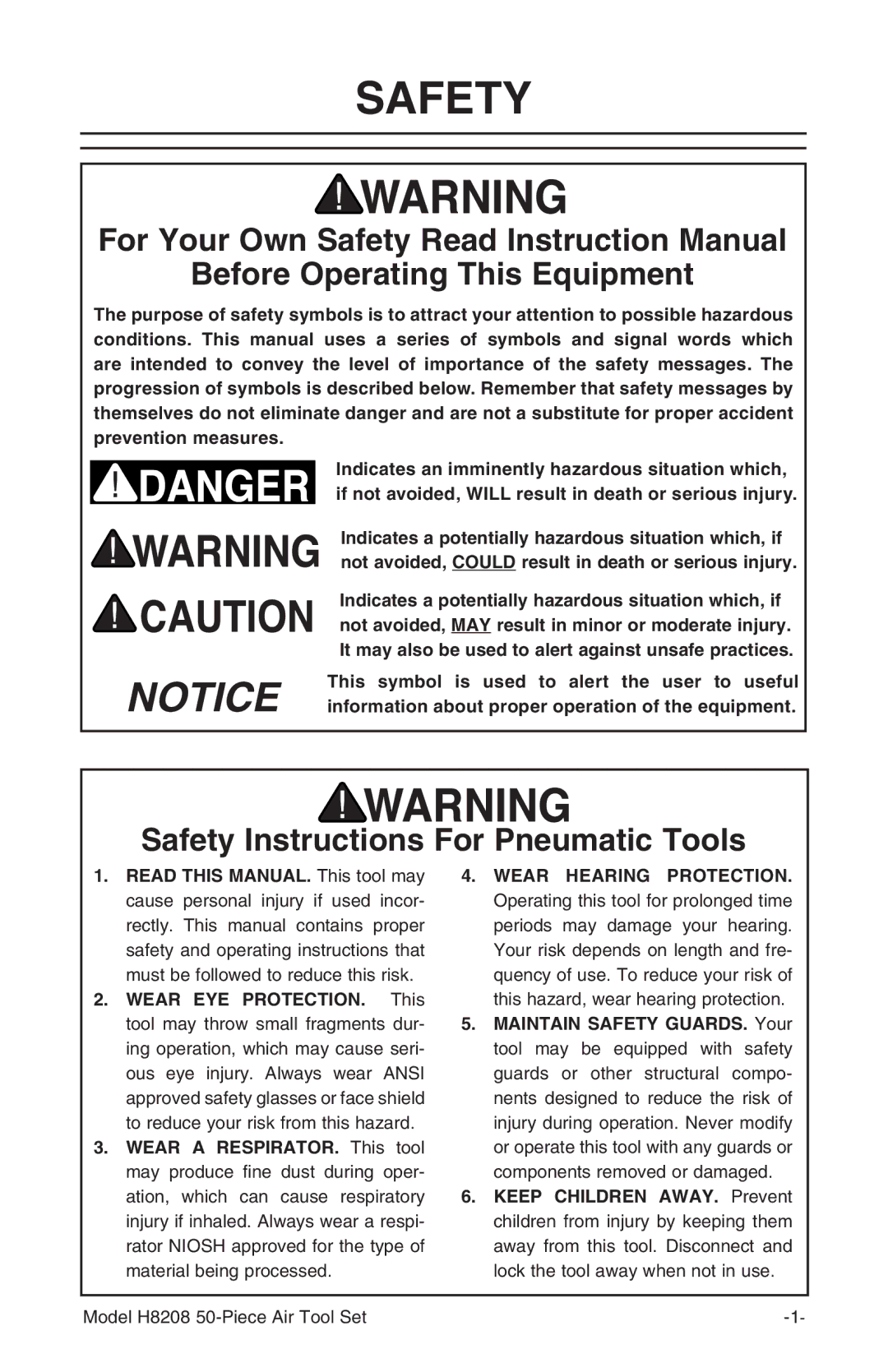 Grizzly H8208 instruction manual Before Operating This Equipment, Safety Instructions For Pneumatic Tools 