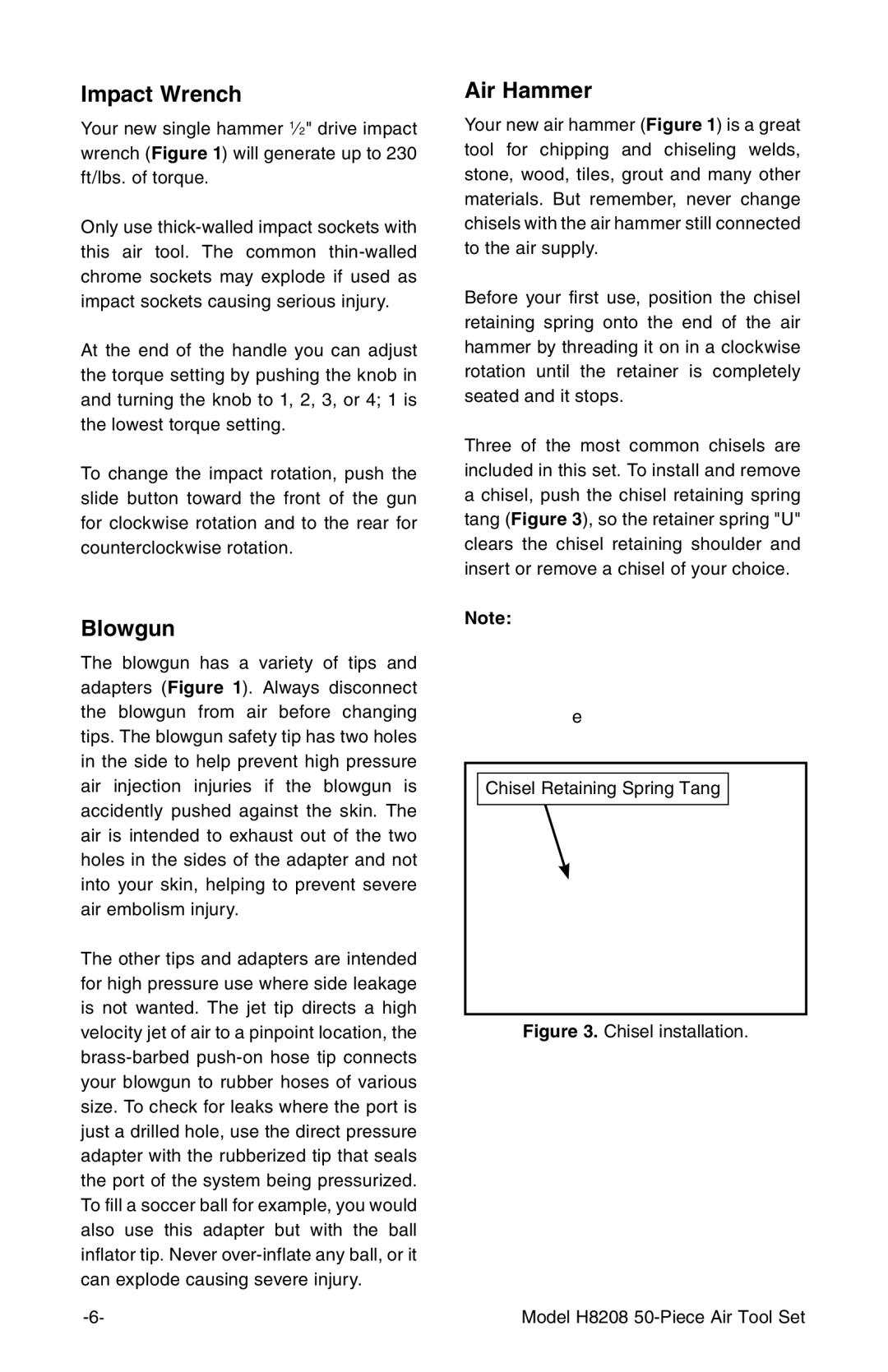 Grizzly instruction manual Blowgun, Chisel installation Model H8208 50-Piece Air Tool Set 
