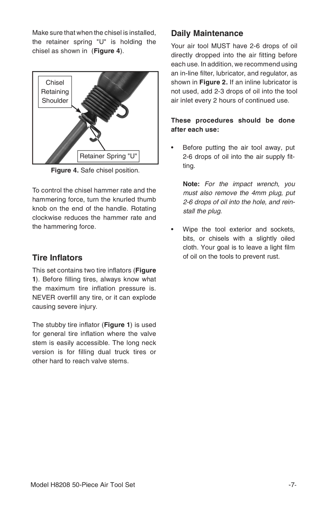 Grizzly H8208 instruction manual Tire Inflators, Daily Maintenance 