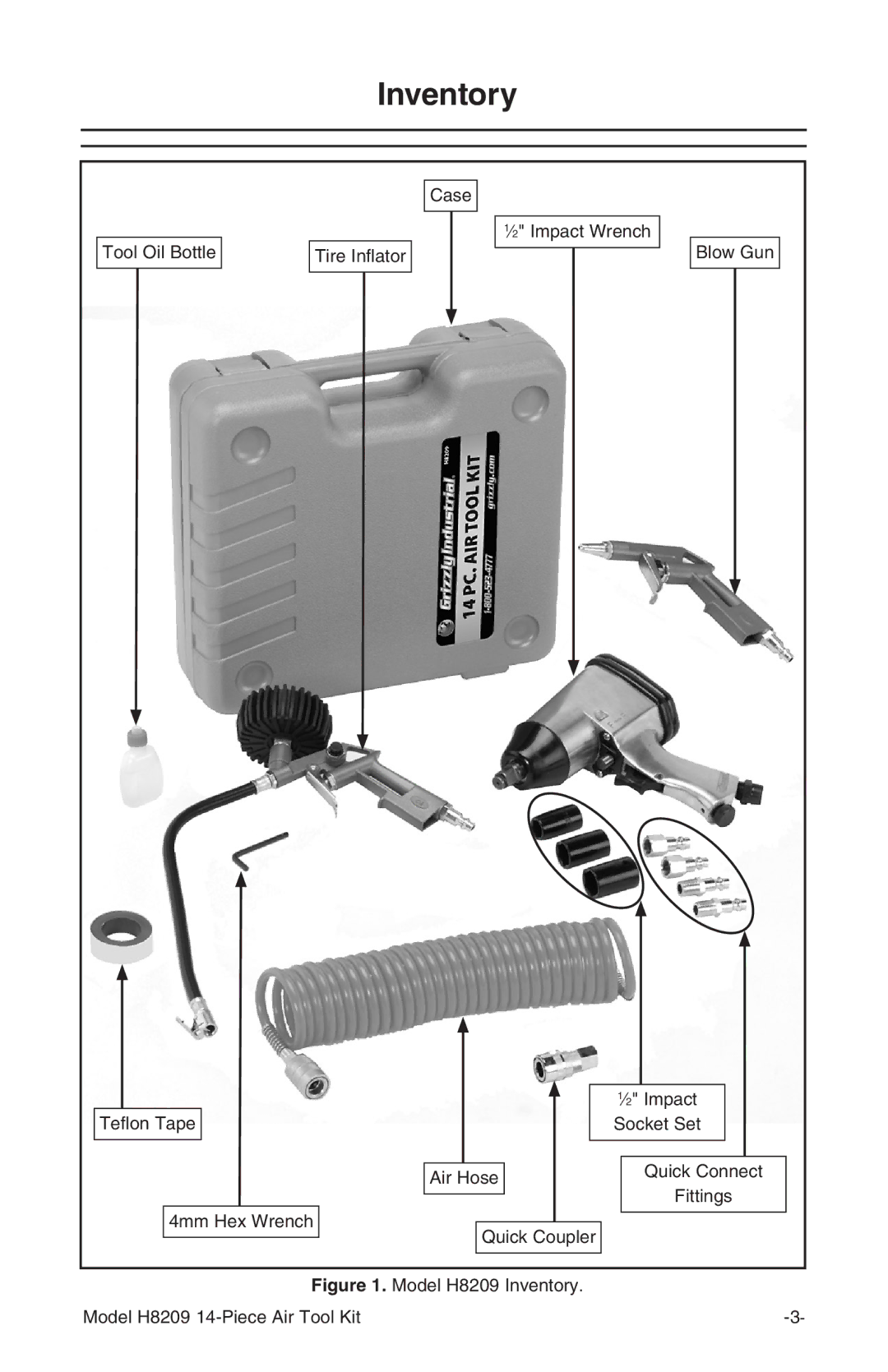 Grizzly instruction manual Model H8209 Inventory Model H8209 14-Piece Air Tool Kit 