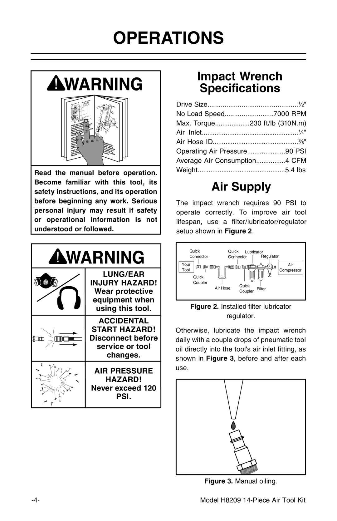 Grizzly H8209 instruction manual Operations, Impact Wrench Specifications, Air Supply 