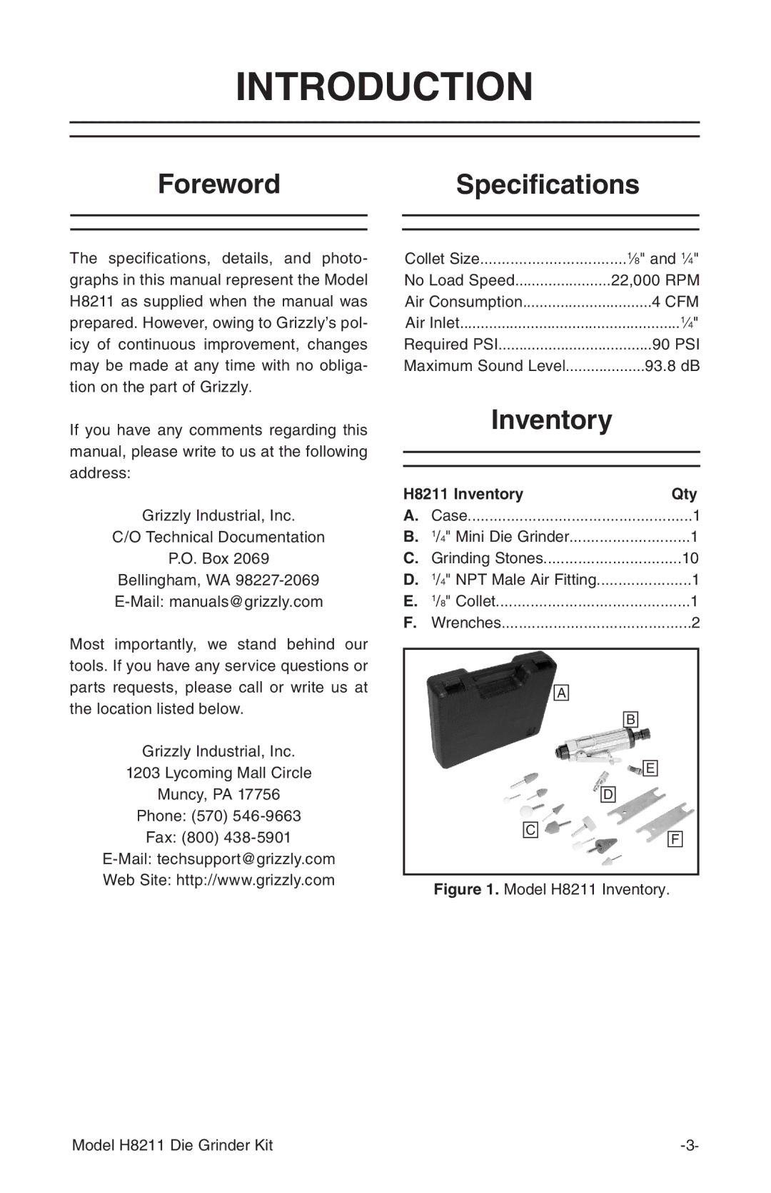 Grizzly instruction manual Introduction, Foreword, Specifications, H8211 Inventory Qty 