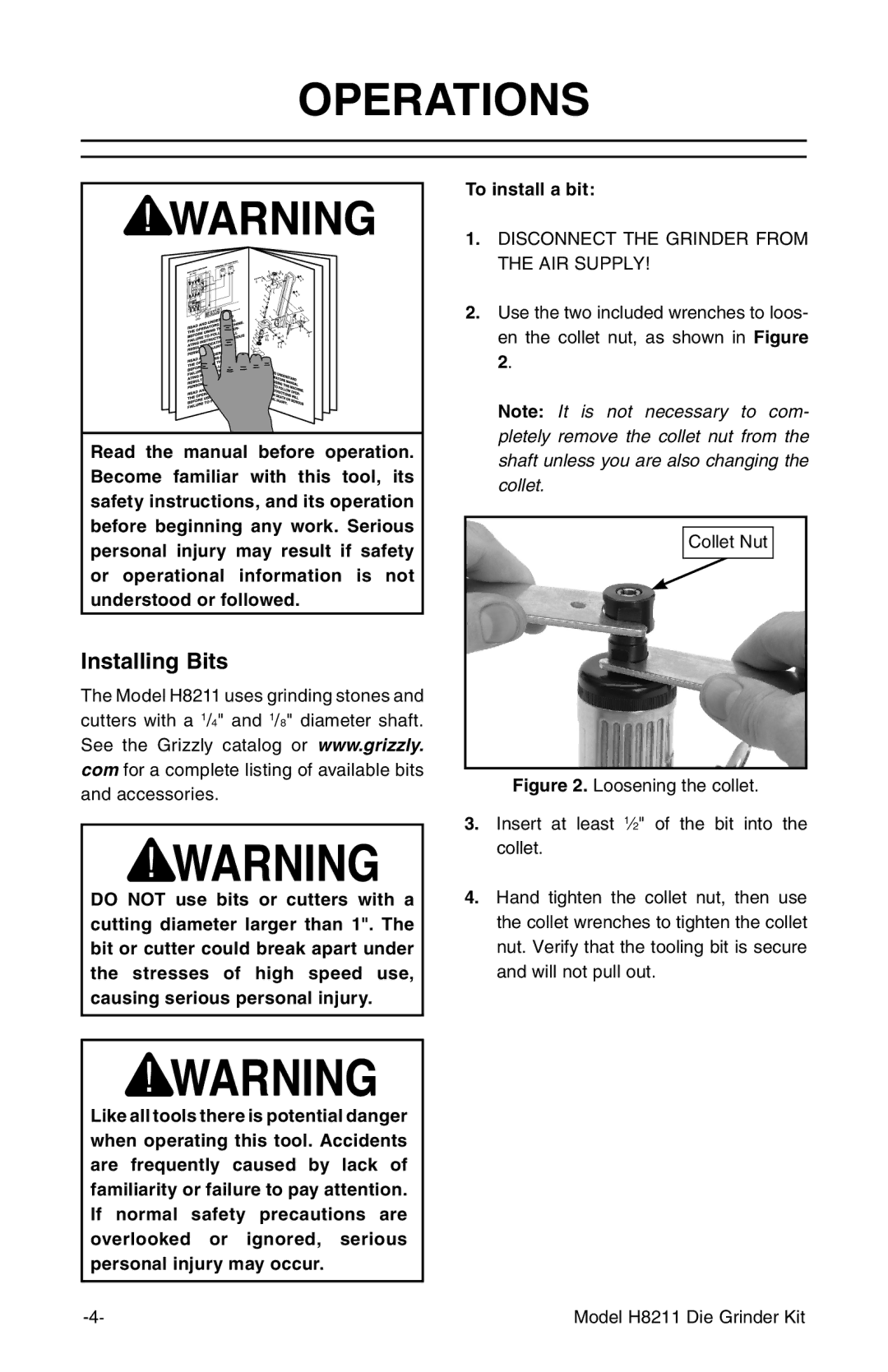 Grizzly H8211 instruction manual Operations, Installing Bits, To install a bit 