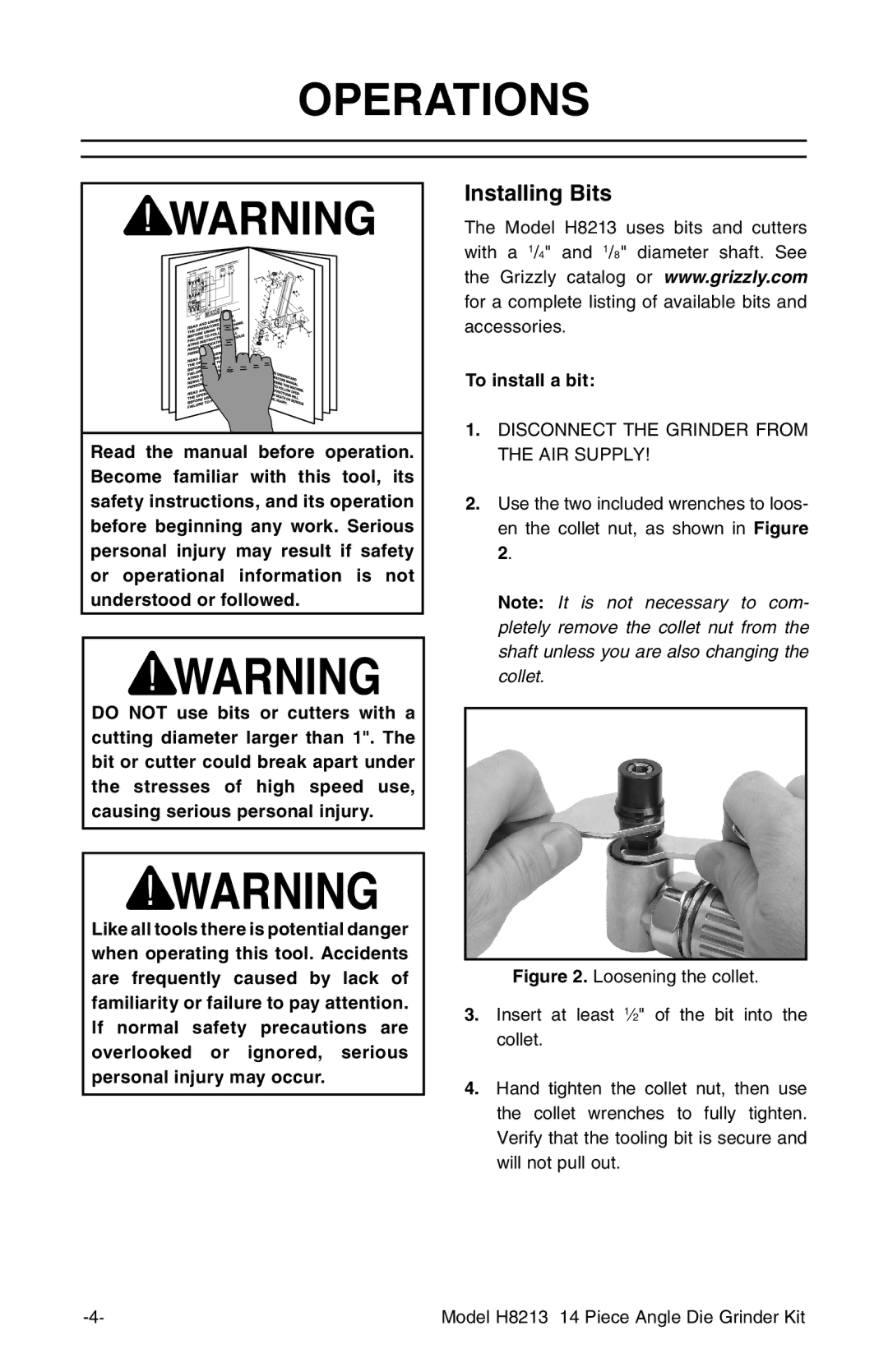 Grizzly H8213 instruction manual Operations, Installing Bits, To install a bit 