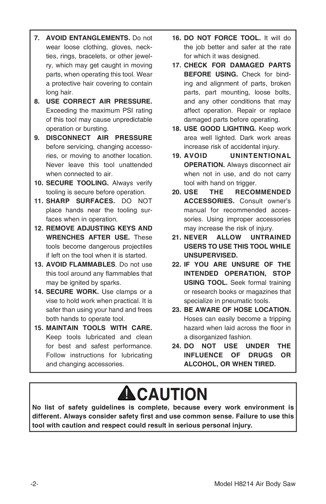 Grizzly instruction manual Model H8214 Air Body Saw 