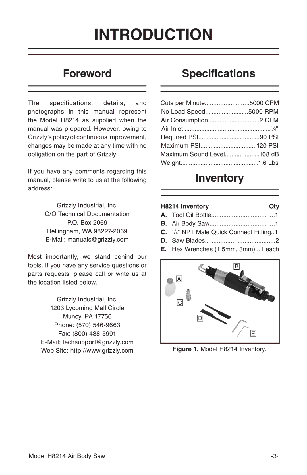 Grizzly instruction manual Introduction, ForewordSpecifications, H8214 Inventory Qty 