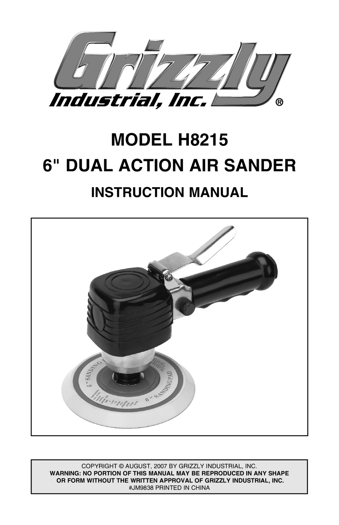 Grizzly instruction manual Model H8215 Dual Action AIR Sander 