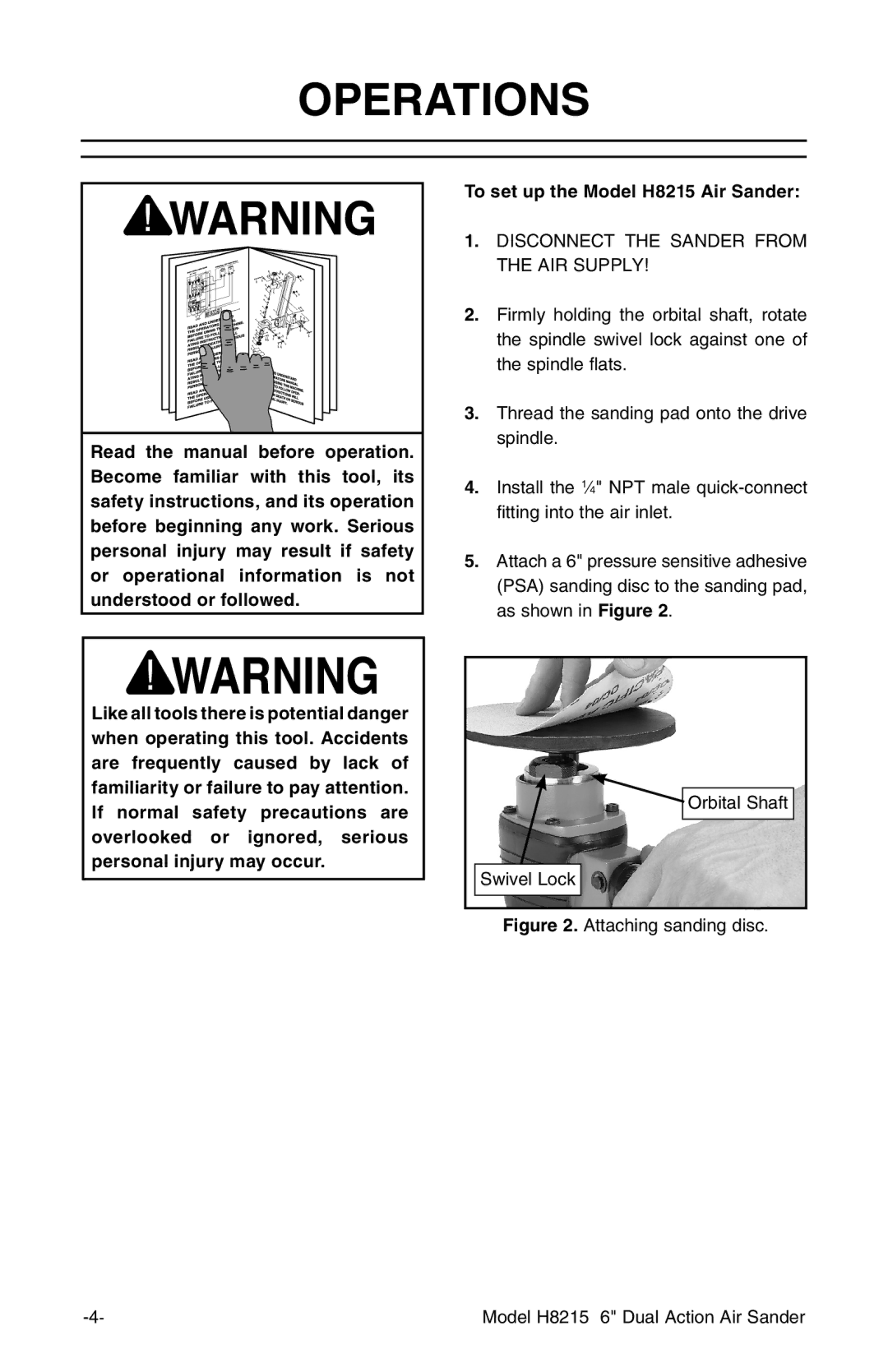 Grizzly instruction manual Operations, To set up the Model H8215 Air Sander 