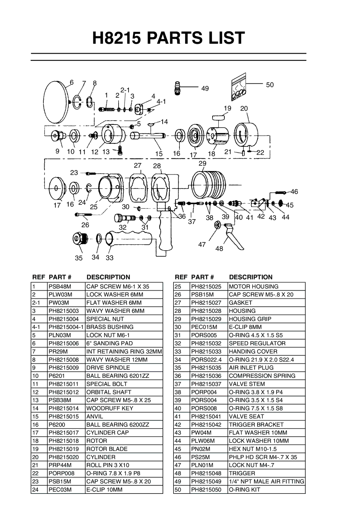 Grizzly instruction manual H8215 Parts List, Description 