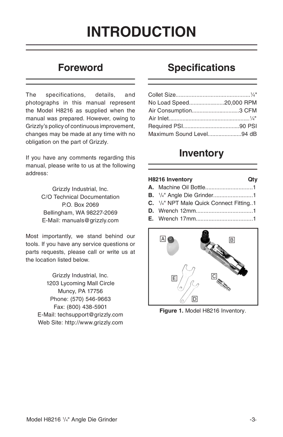 Grizzly instruction manual Introduction, Foreword, Specifications, H8216 Inventory Qty 