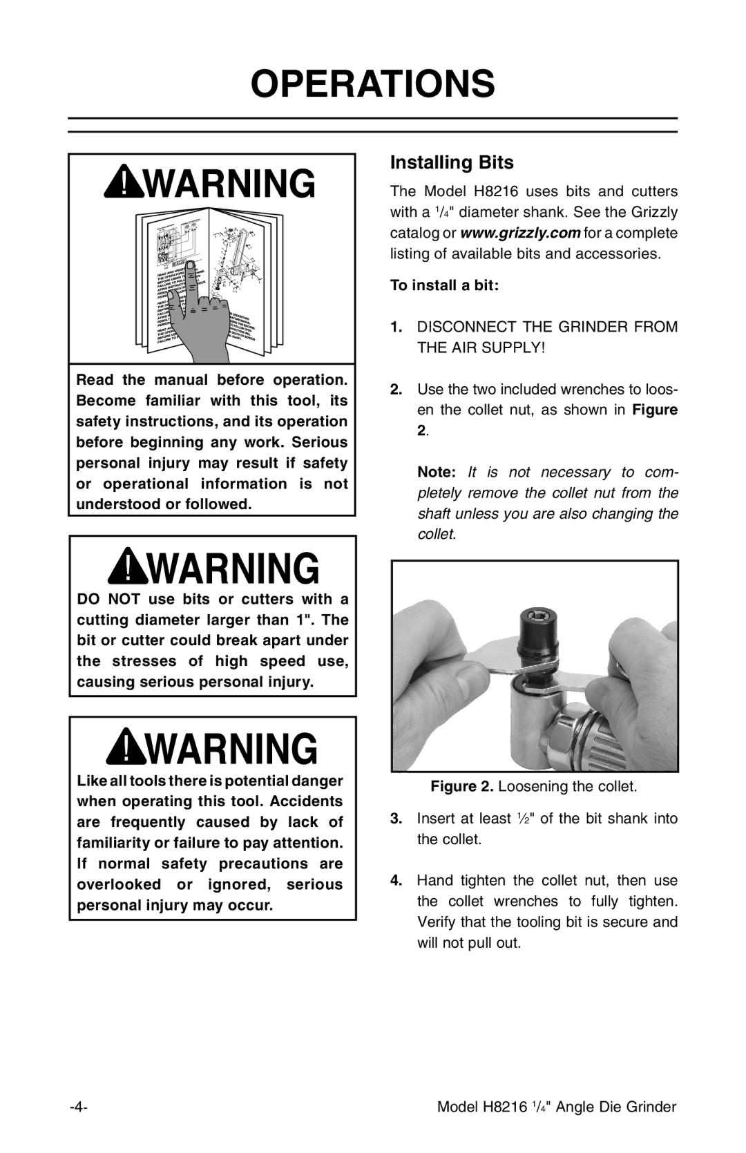 Grizzly H8216 instruction manual Operations, Installing Bits, To install a bit 