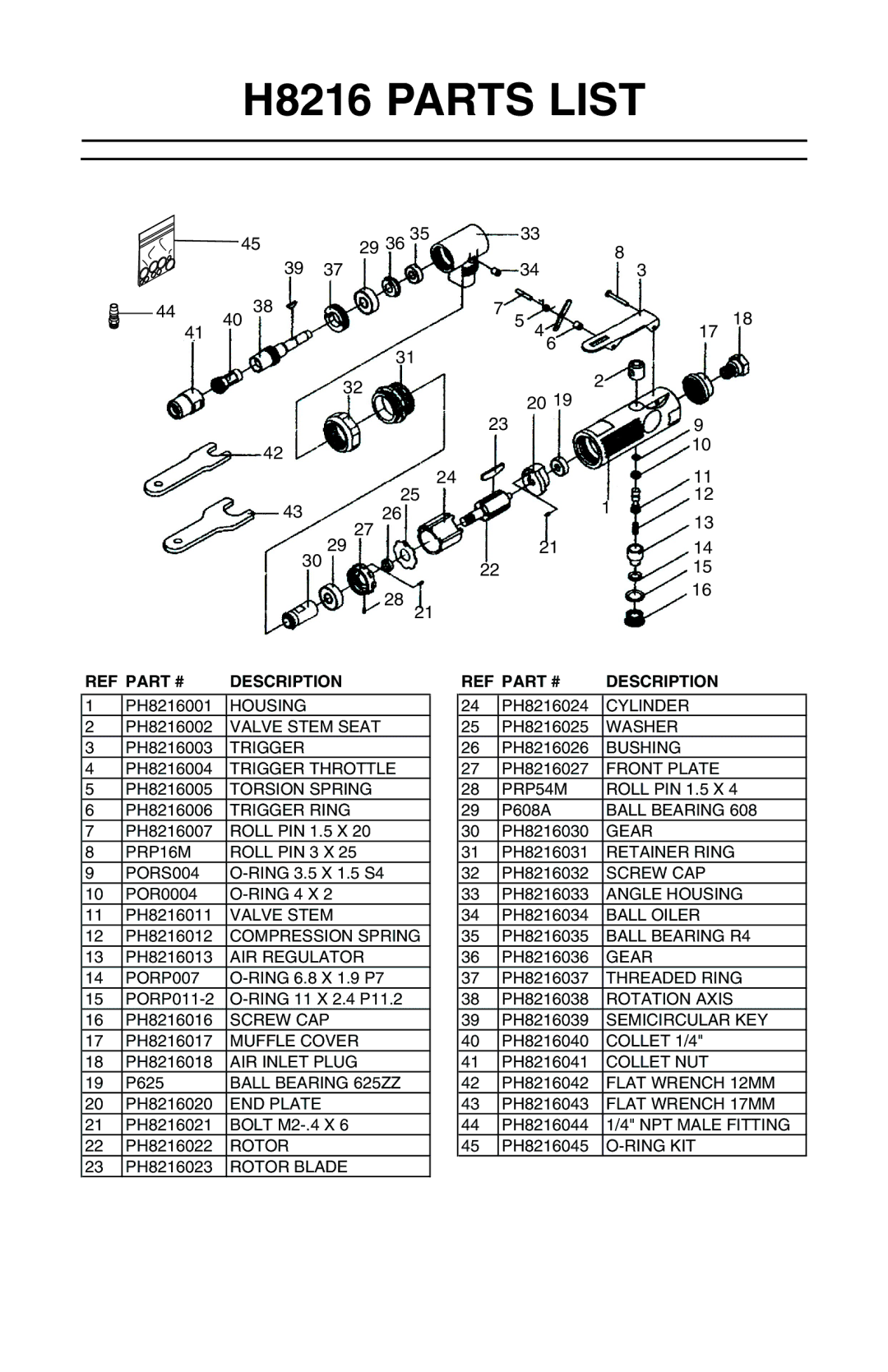 Grizzly instruction manual H8216 Parts List, Description 