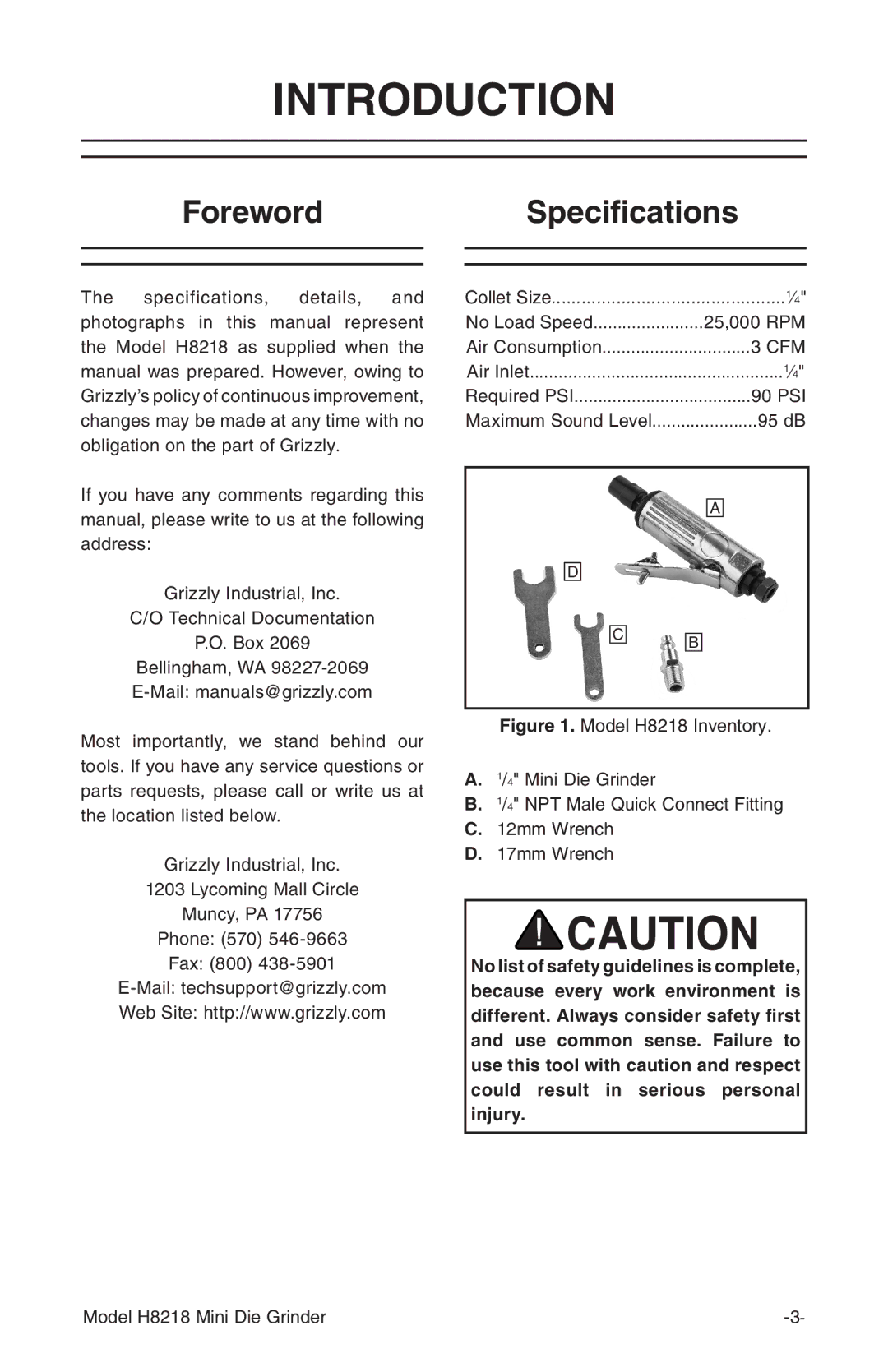 Grizzly H8218 instruction manual Introduction, ForewordSpecifications 