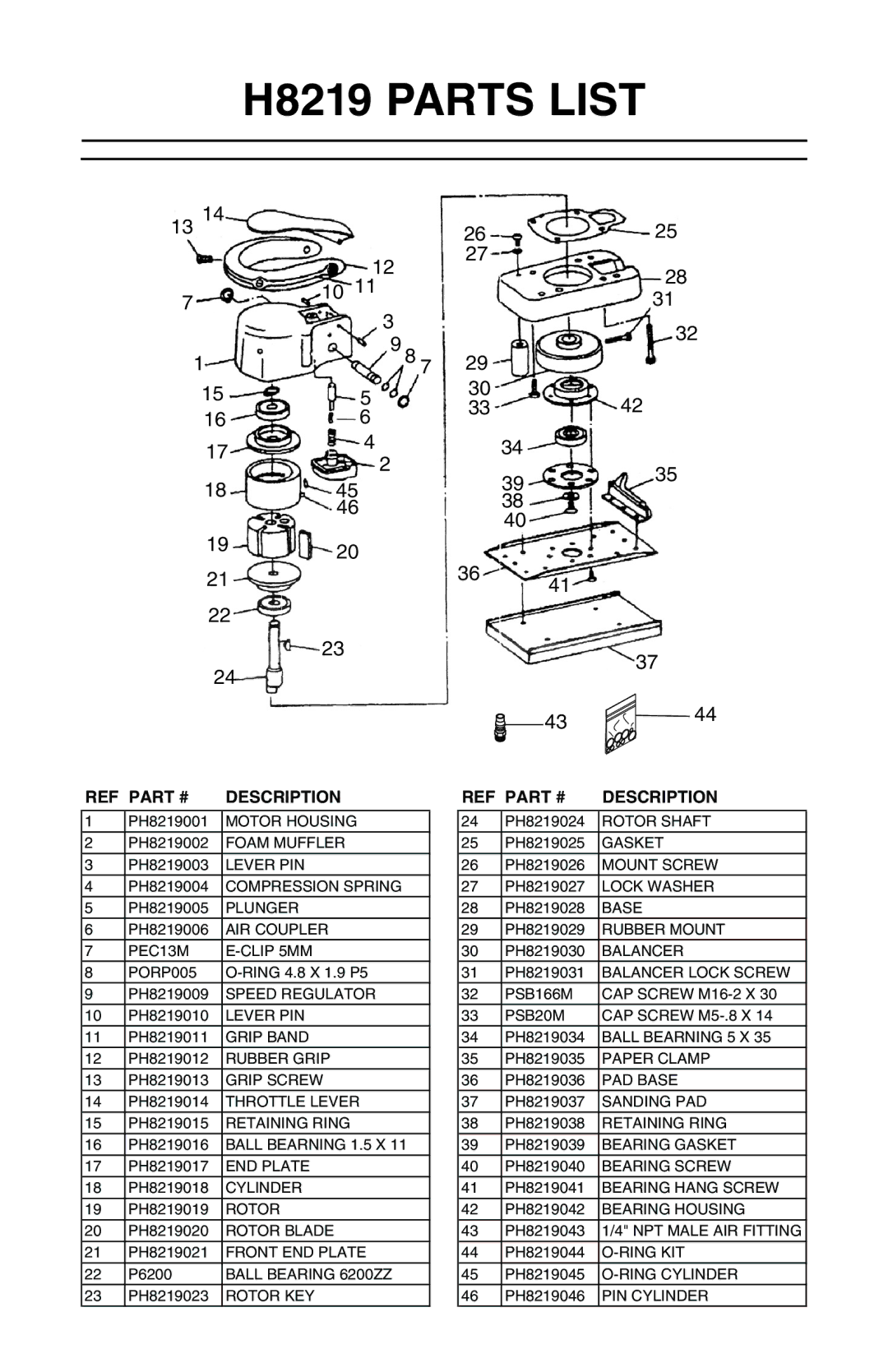 Grizzly instruction manual H8219 Parts List, Description 