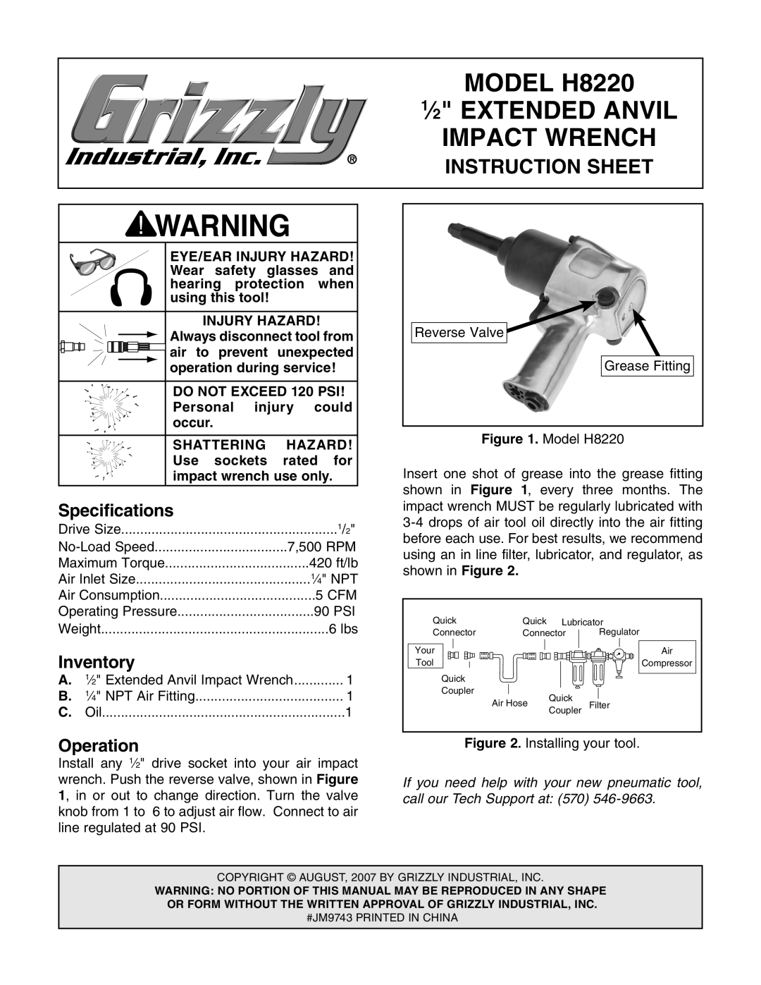 Grizzly specifications Model H8220, ⁄2 Extended Anvil, Impact Wrench, Instruction Sheet 