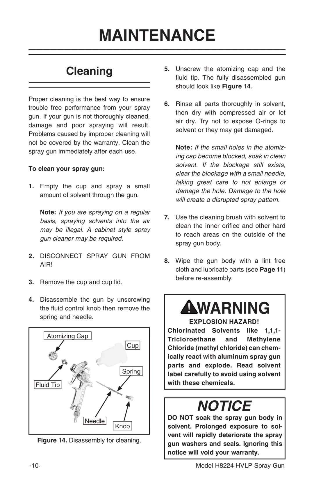 Grizzly H8224 instruction manual Maintenance, Cleaning, To clean your spray gun 