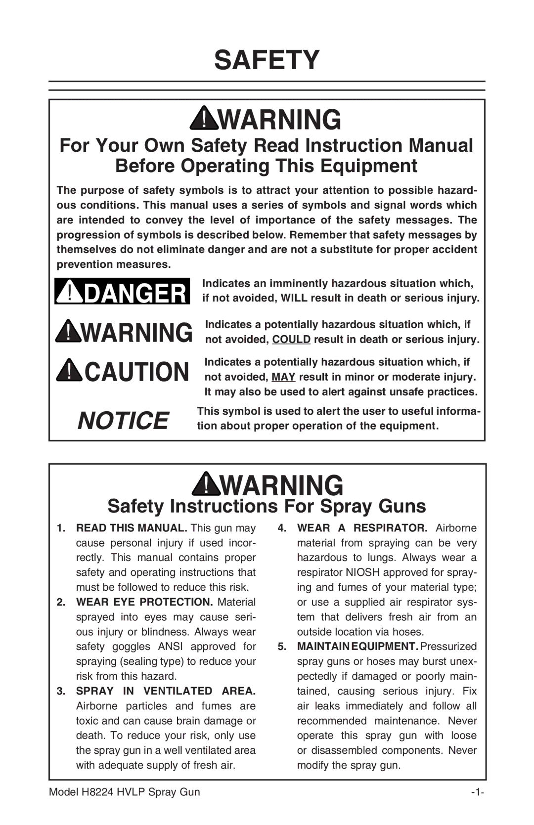 Grizzly H8224 instruction manual Before Operating This Equipment, Safety Instructions For Spray Guns 