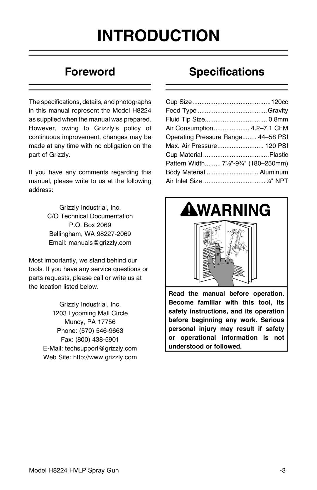 Grizzly H8224 instruction manual Introduction, ForewordSpecifications 