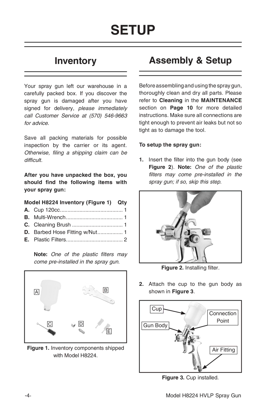 Grizzly H8224 instruction manual Inventory Assembly & Setup, To setup the spray gun 