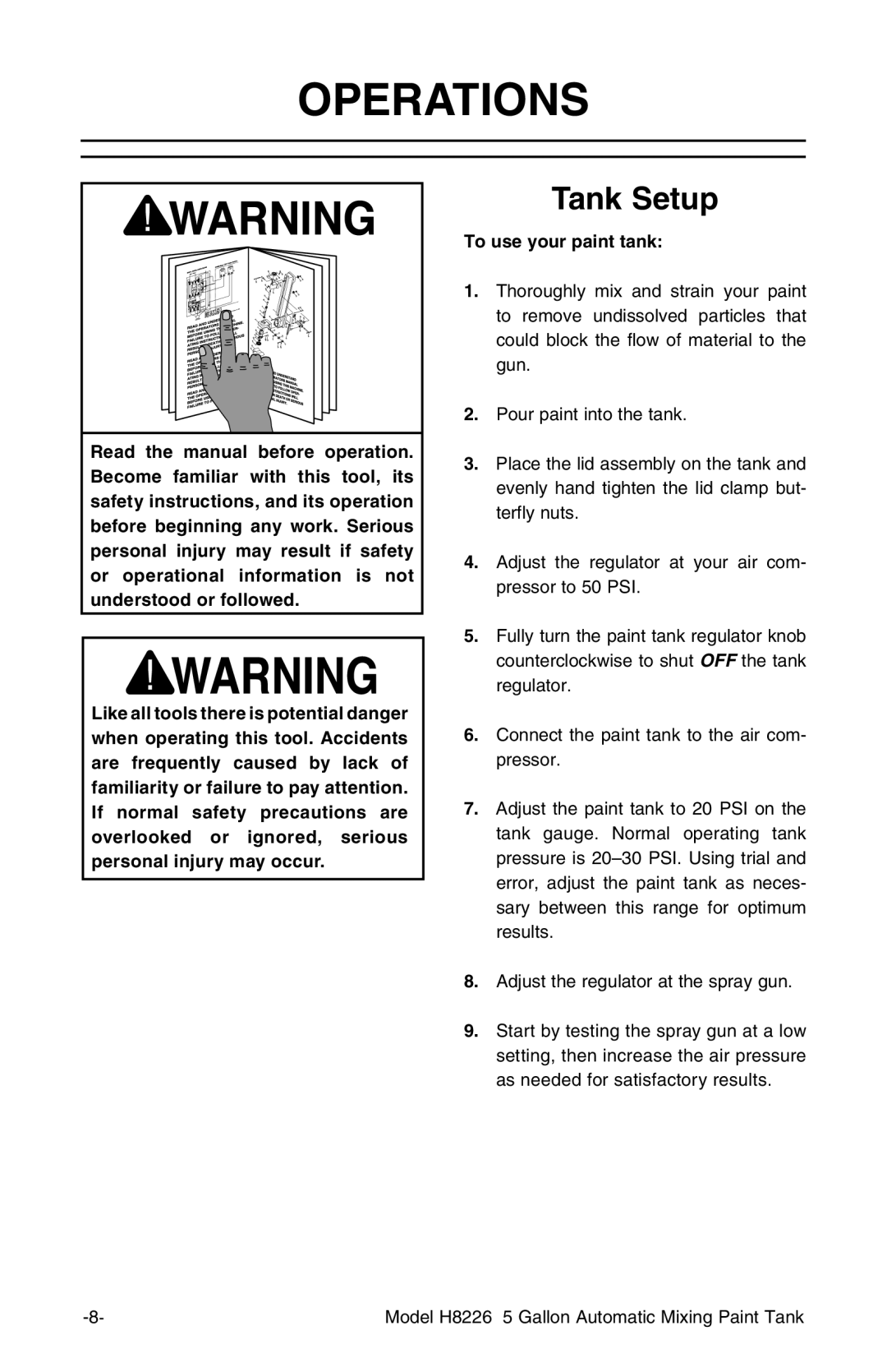 Grizzly H8226 instruction manual Operations, Tank Setup 