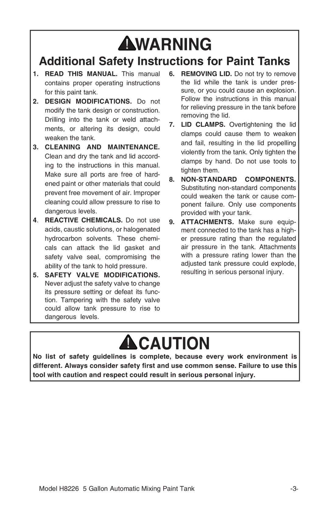 Grizzly H8226 instruction manual Additional Safety Instructions for Paint Tanks 