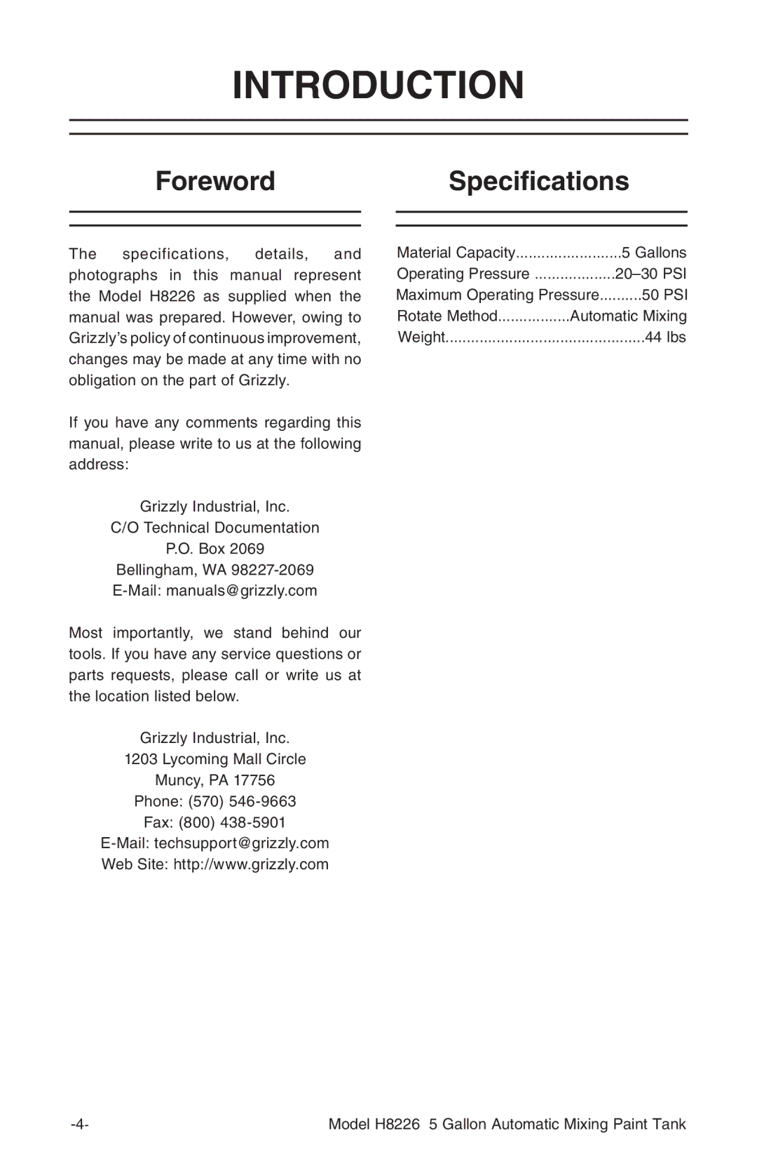 Grizzly H8226 instruction manual Introduction, ForewordSpecifications 