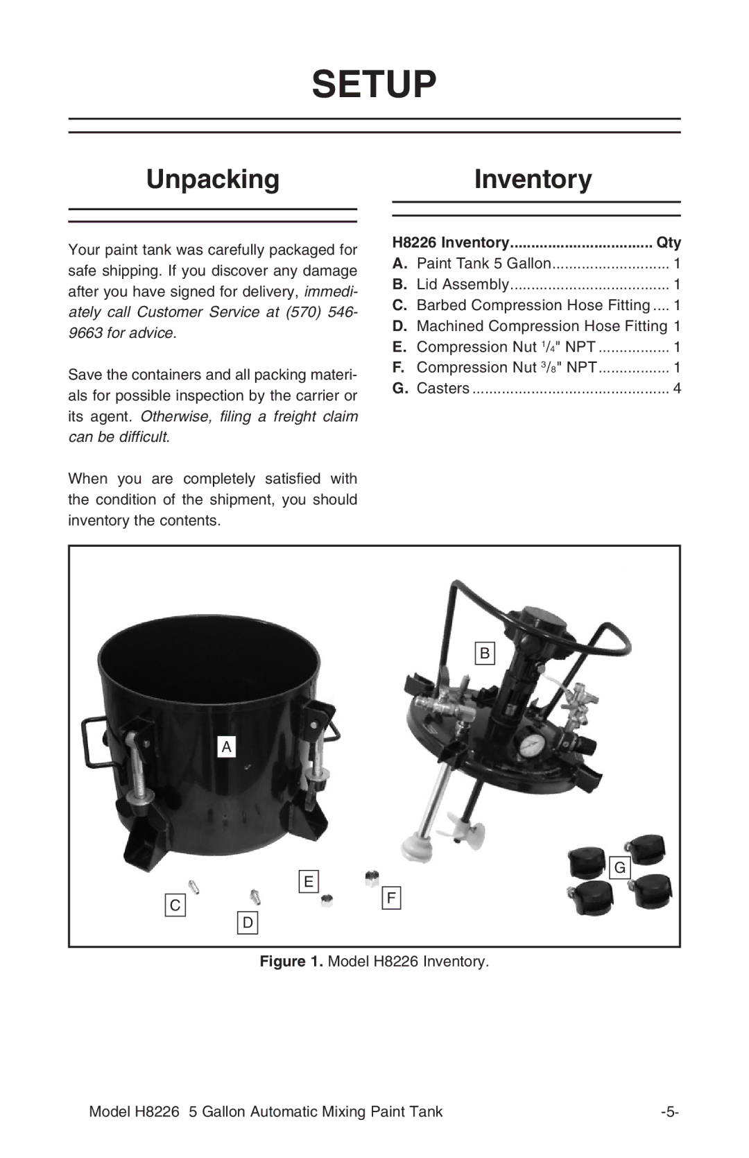 Grizzly H8226 instruction manual Setup, UnpackingInventory 