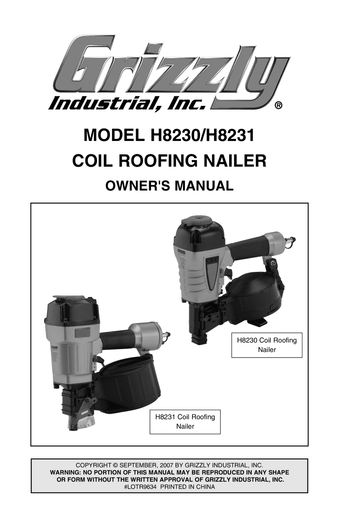 Grizzly H8230, H8231 owner manual Coil Roofing Nailer 