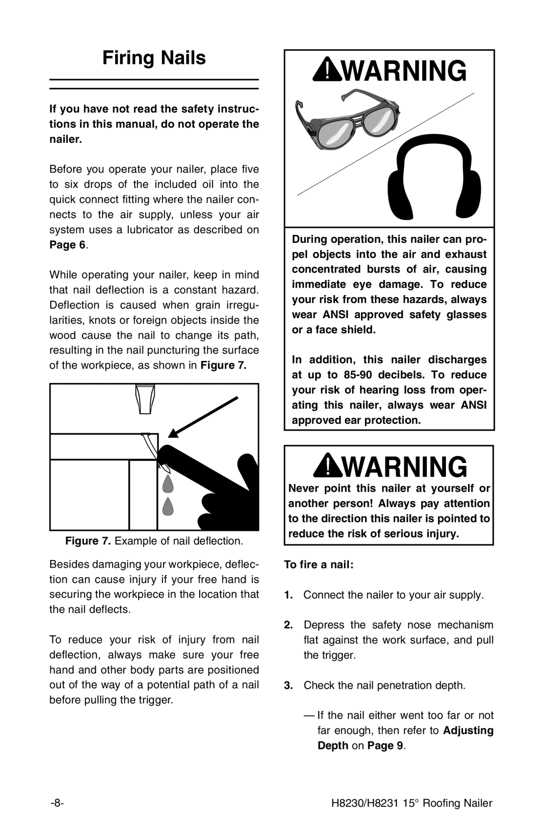 Grizzly H8231, H8230 owner manual Firing Nails, To fire a nail 