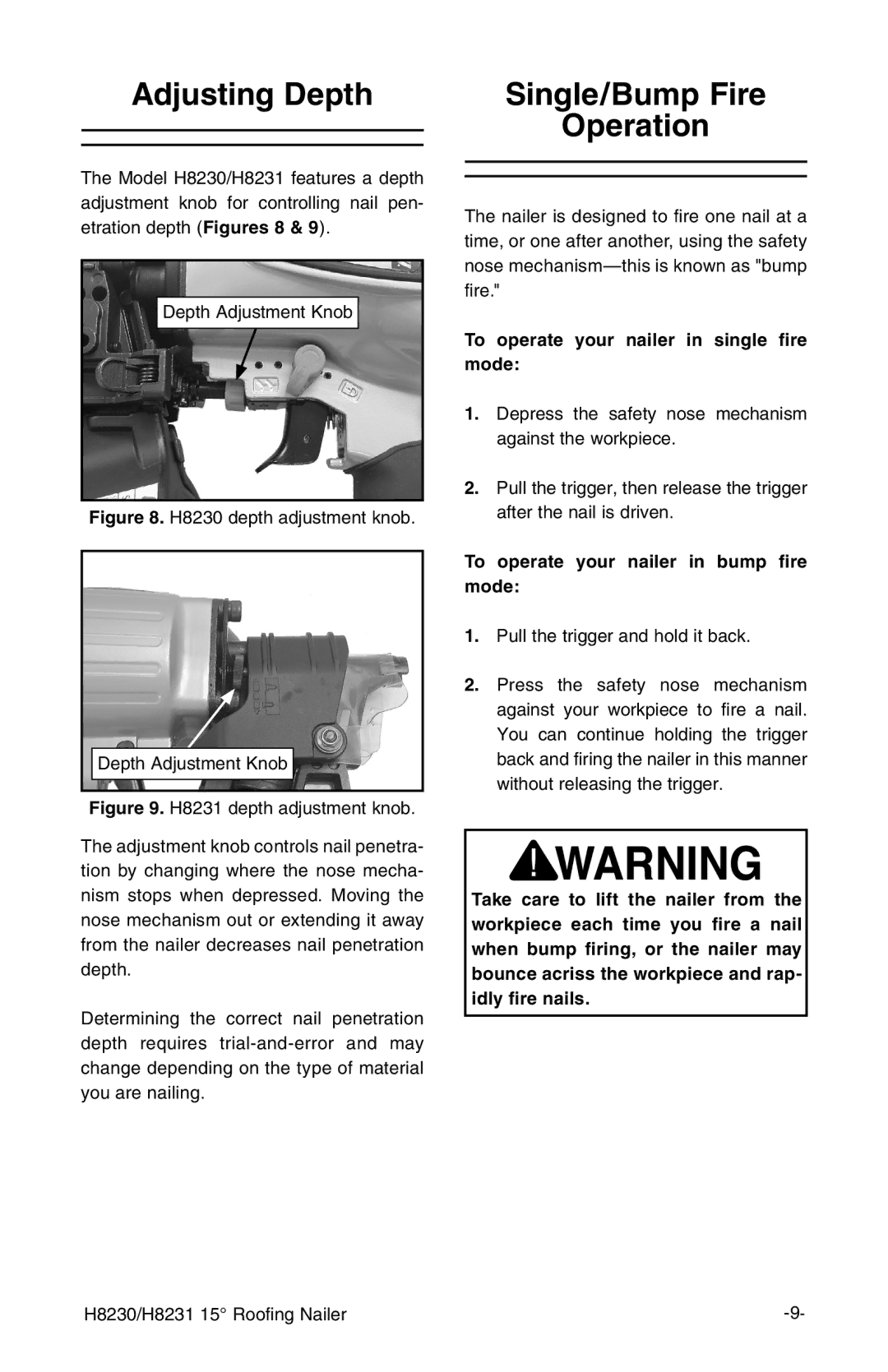 Grizzly H8230, H8231 owner manual Adjusting Depth, Single/Bump Fire Operation 