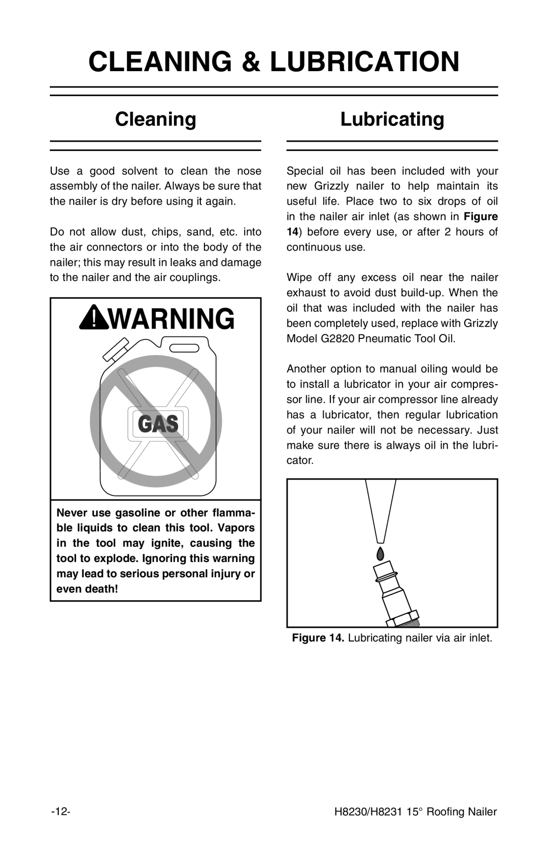 Grizzly H8231, H8230 owner manual Cleaning & Lubrication, CleaningLubricating 