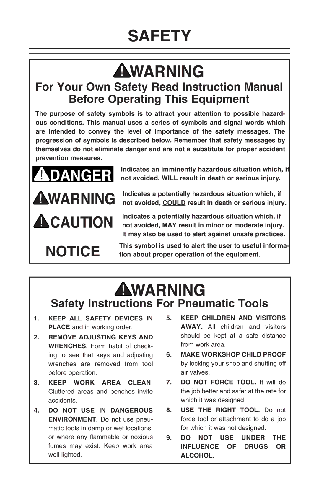 Grizzly H8231, H8230 owner manual Before Operating This Equipment, Safety Instructions For Pneumatic Tools 