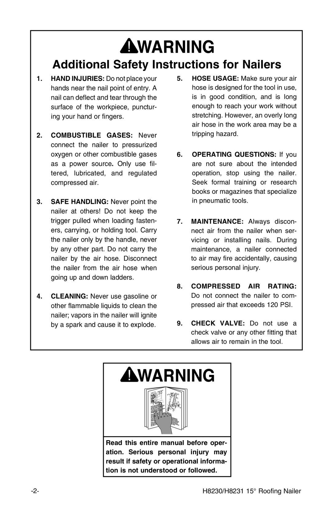 Grizzly H8231, H8230 owner manual Additional Safety Instructions for Nailers 