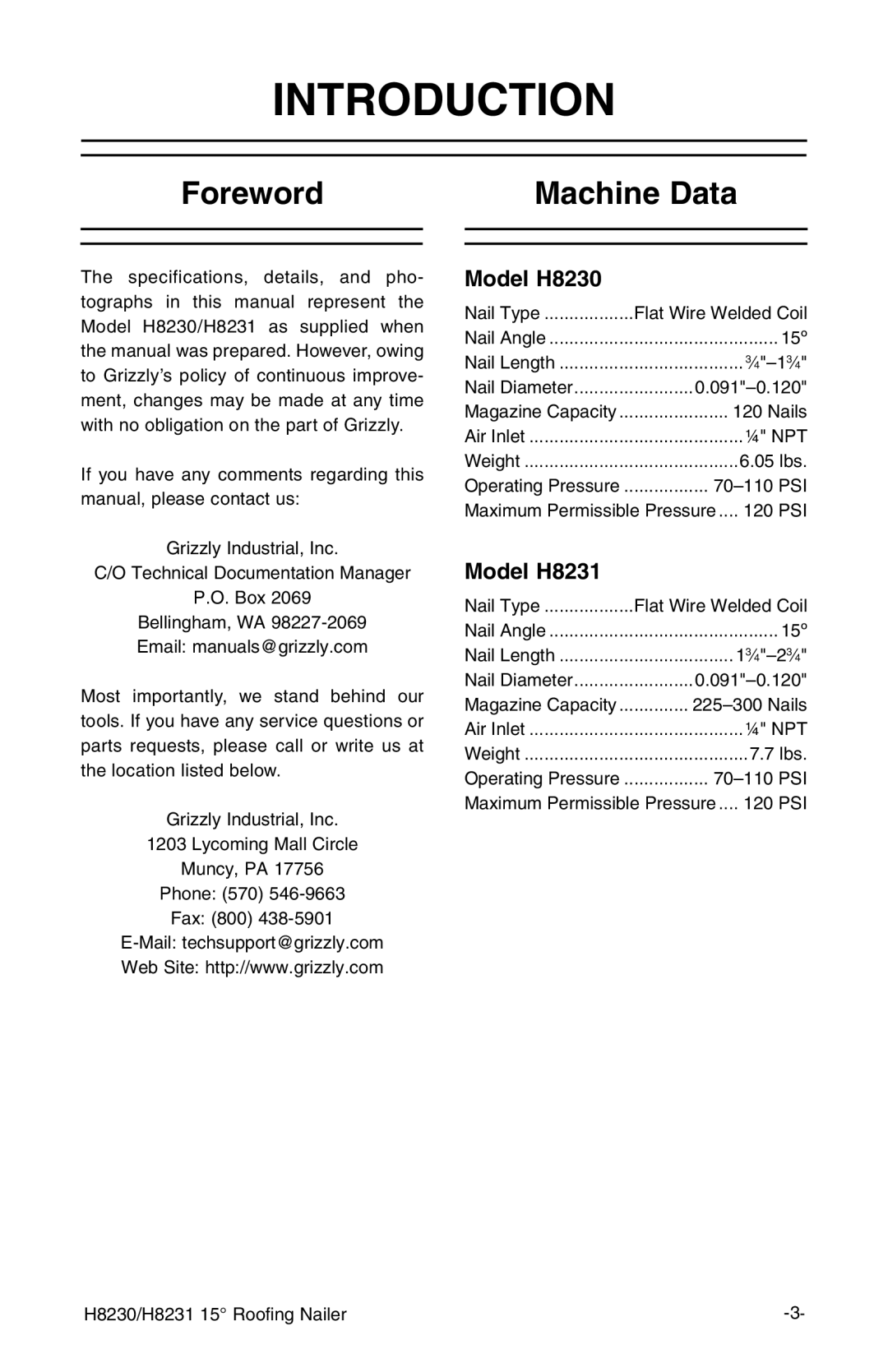 Grizzly H8230, H8231 owner manual Introduction, Foreword Machine Data 