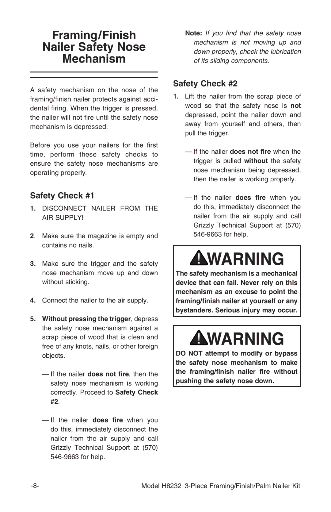 Grizzly H8232 owner manual Framing/Finish Nailer Safety Nose Mechanism, Safety Check #1 