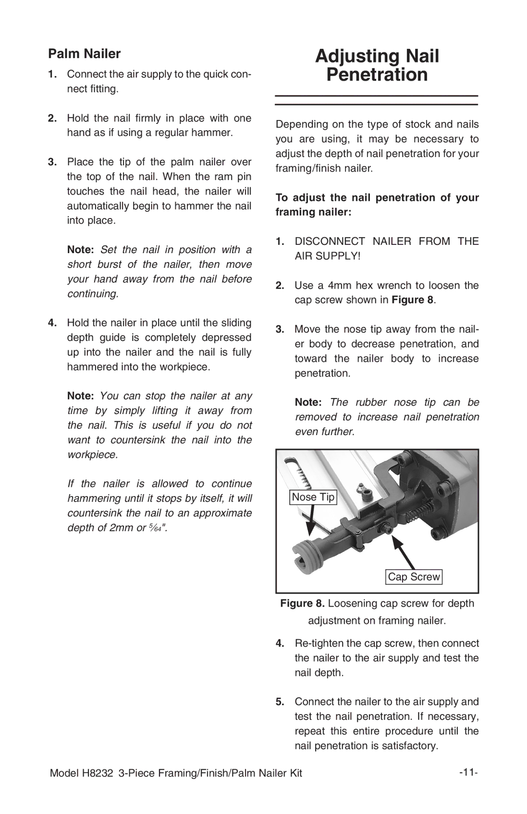 Grizzly H8232 owner manual Adjusting Nail Penetration, To adjust the nail penetration of your framing nailer 