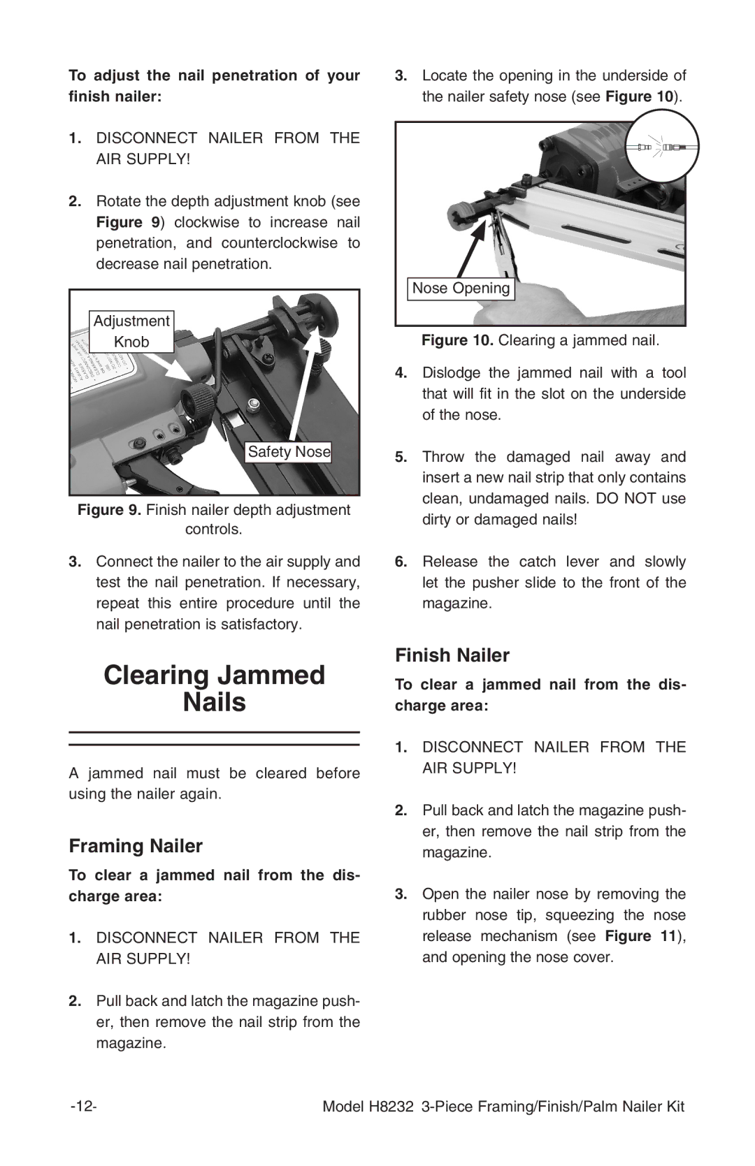 Grizzly H8232 owner manual Clearing Jammed Nails, To adjust the nail penetration of your finish nailer 