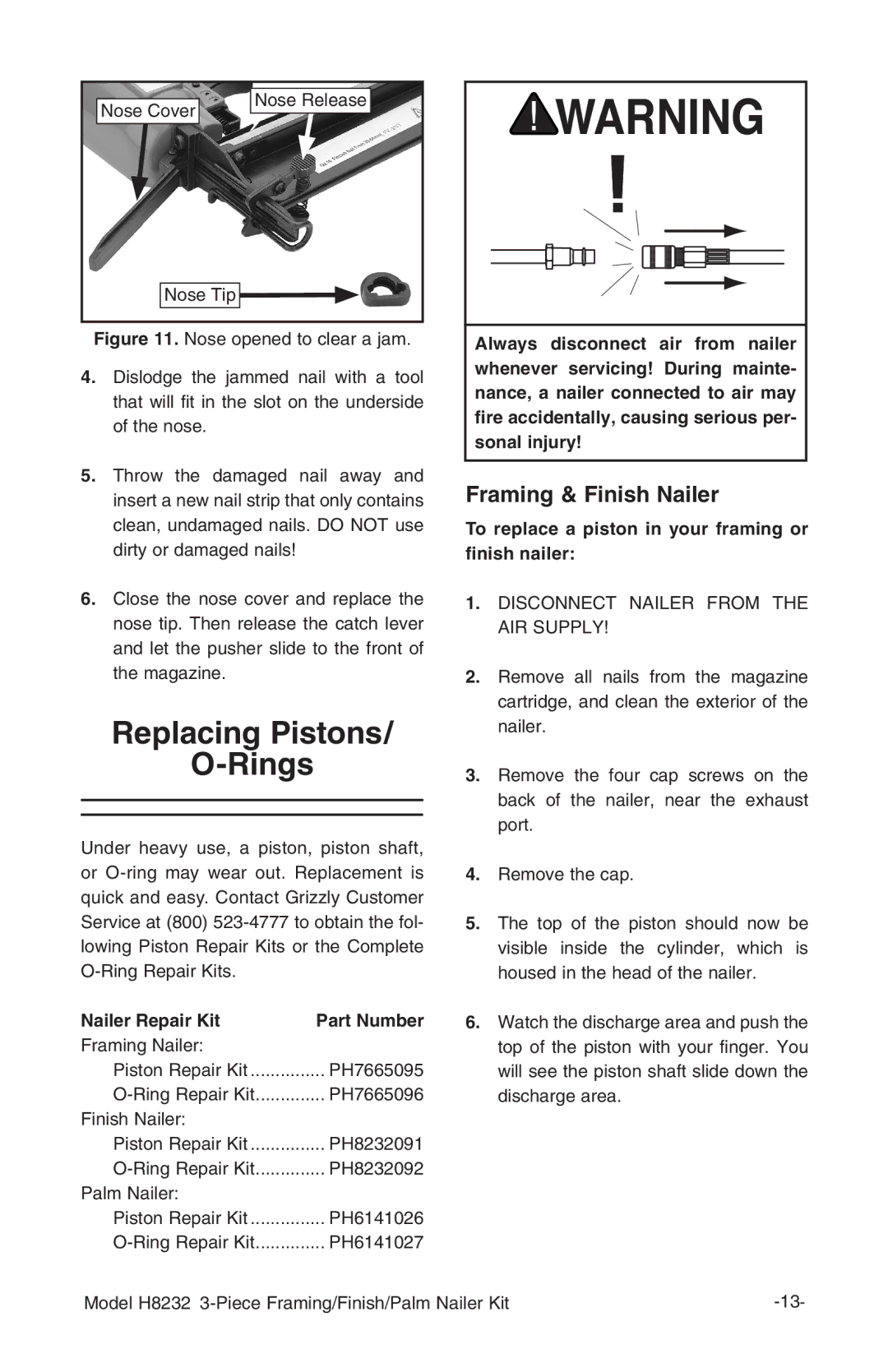 Grizzly H8232 owner manual Replacing Pistons Rings, Nailer Repair Kit, To replace a piston in your framing or finish nailer 