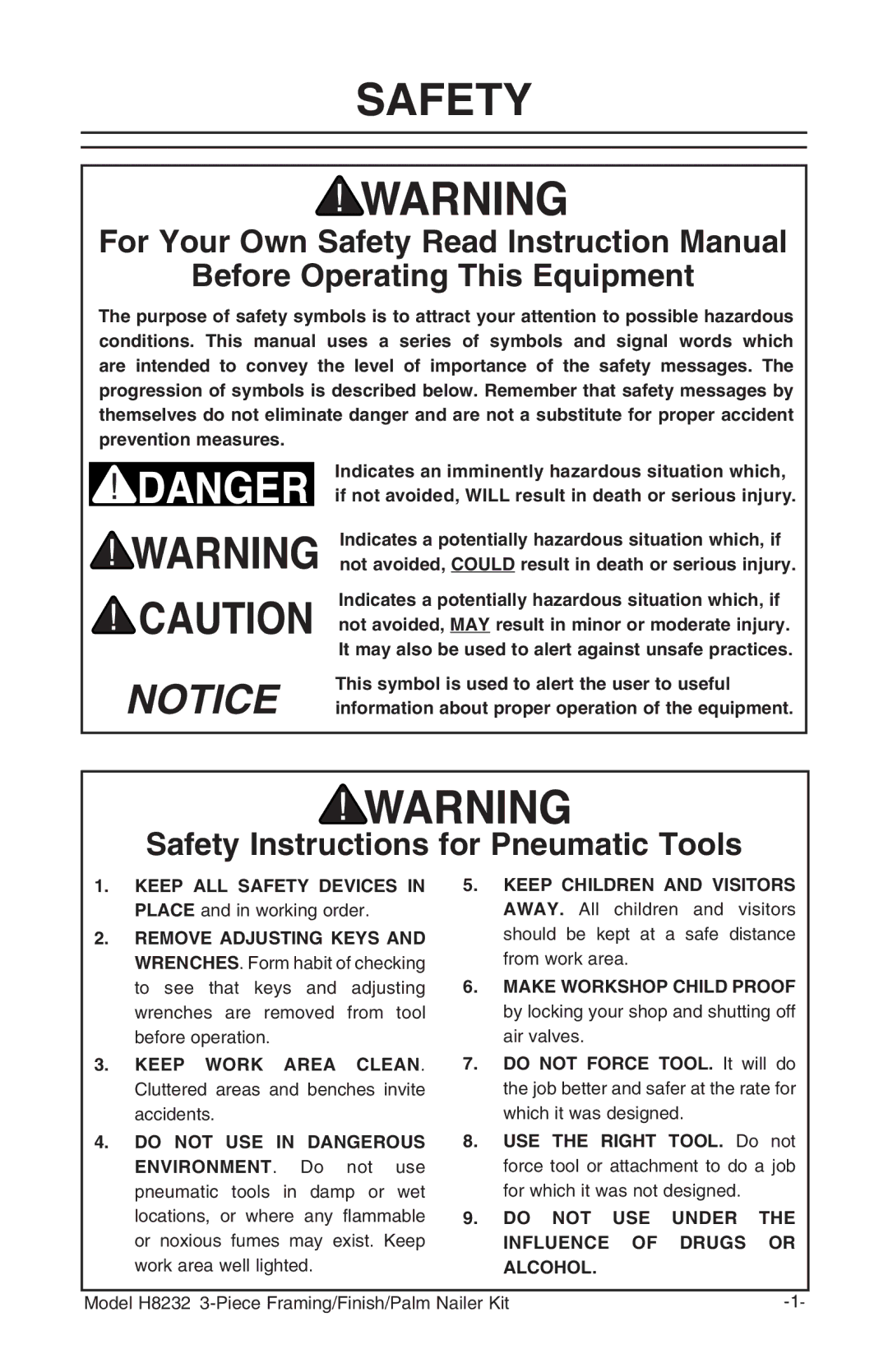 Grizzly H8232 owner manual Before Operating This Equipment, Safety Instructions for Pneumatic Tools 