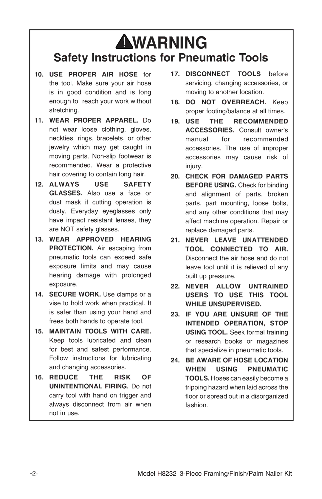 Grizzly H8232 owner manual Safety Instructions for Pneumatic Tools 