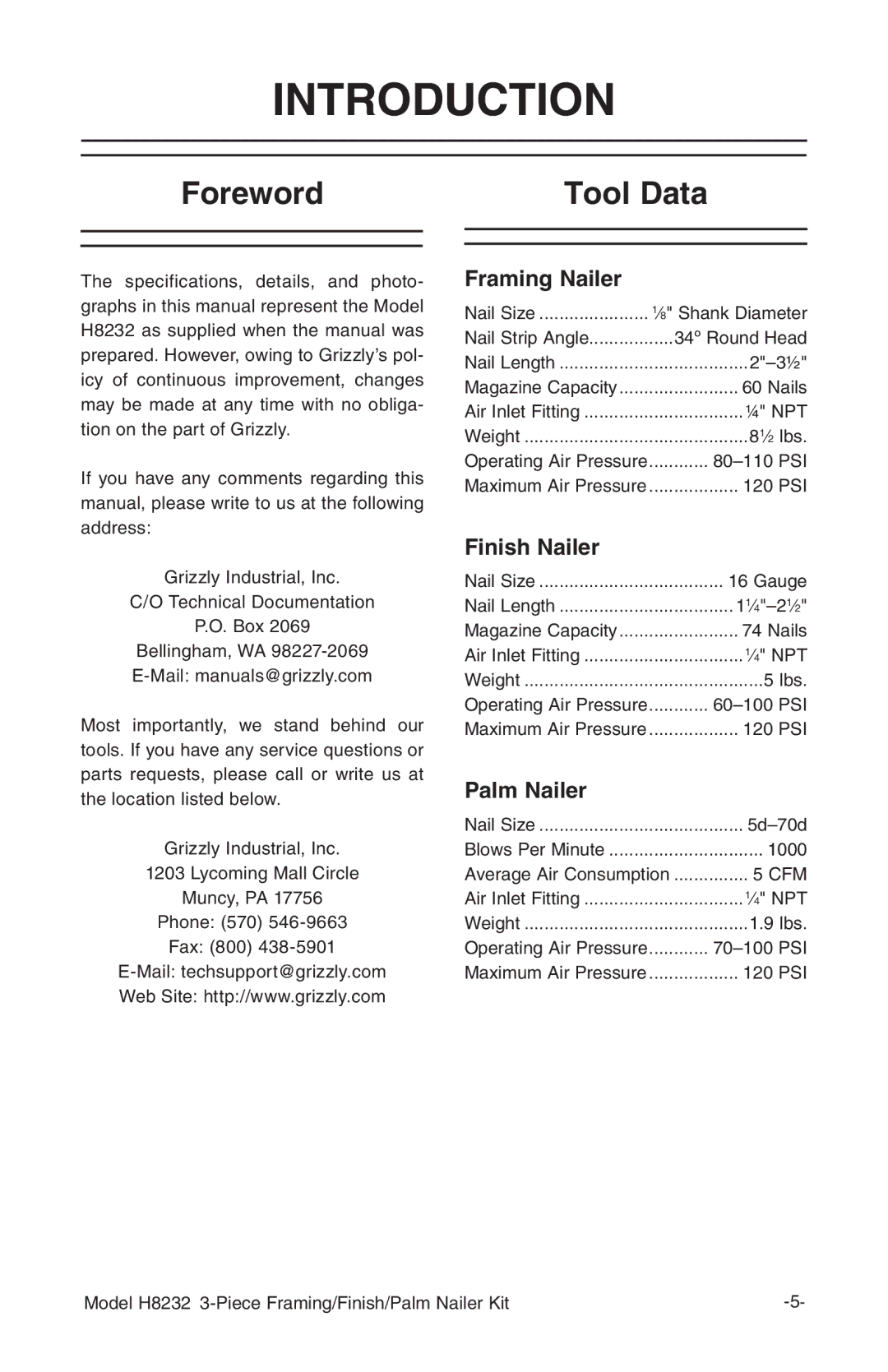 Grizzly H8232 owner manual Introduction, Foreword Tool Data 