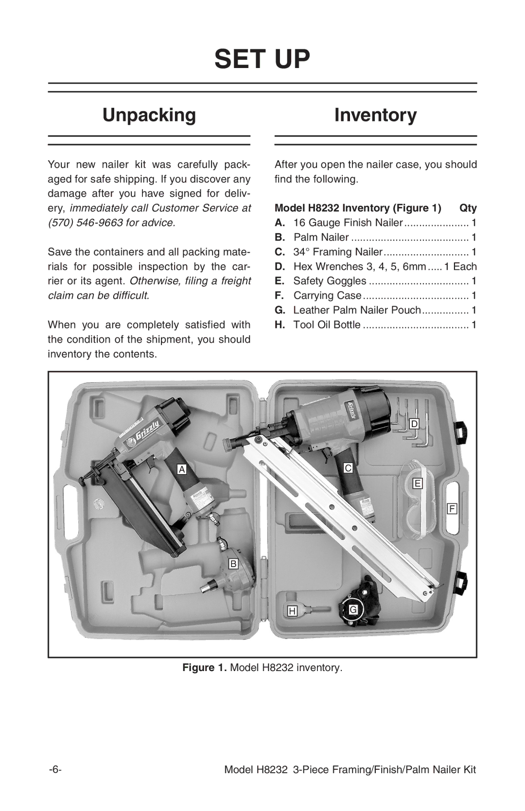 Grizzly H8232 owner manual Set Up, UnpackingInventory, Qty 