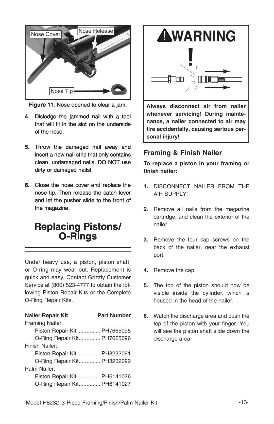 Grizzly H8232 owner manual Replacing Pistons O-Rings, Framing & Finish Nailer, Nailer Repair Kit 