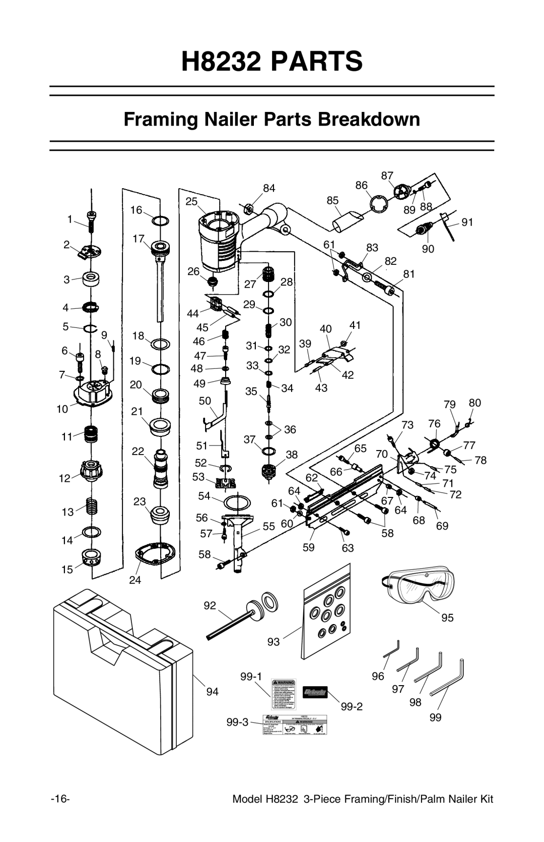 Grizzly owner manual H8232 PARTS, Framing Nailer Parts Breakdown 